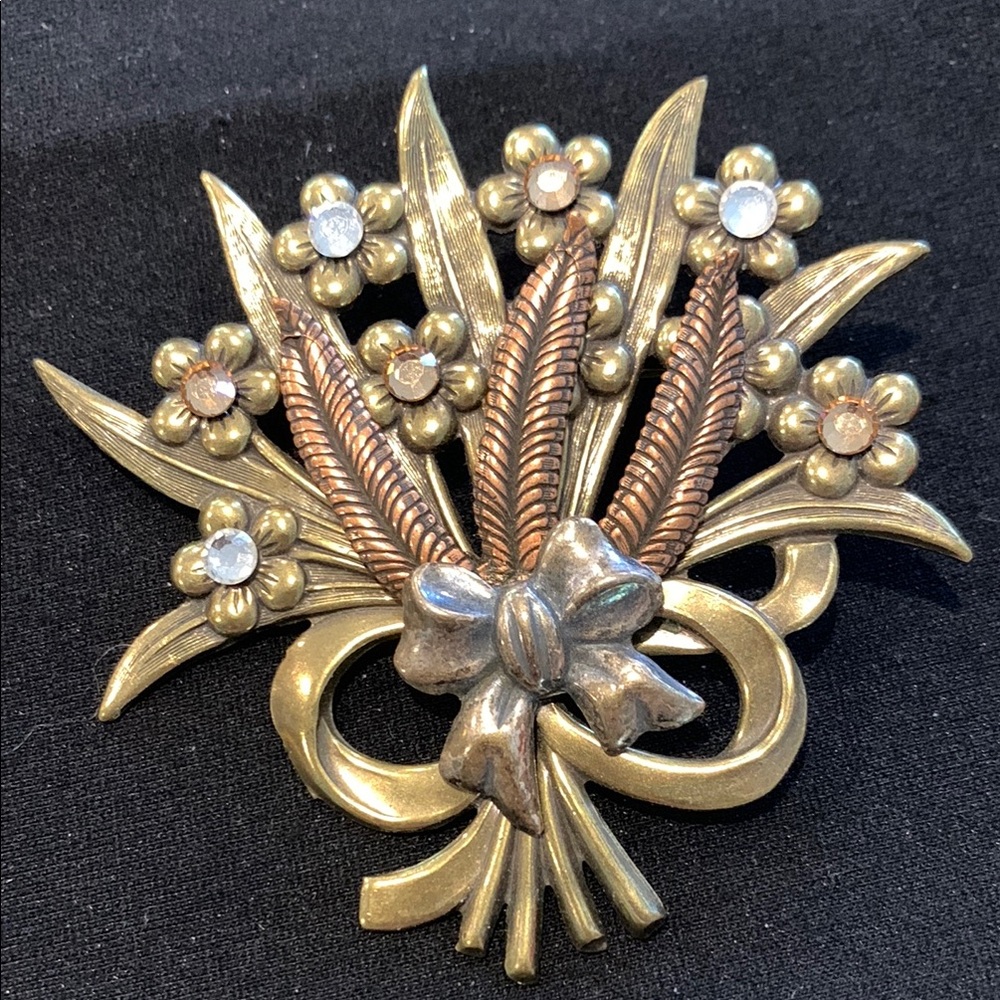 Gold and Copper Floral Bouquet Brooch with Rhinestone Accents